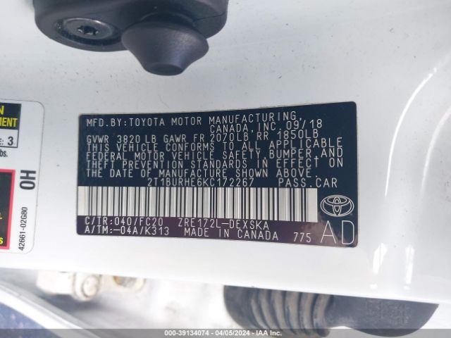 2T1BURHE6KC172267 Toyota COROLLA SE