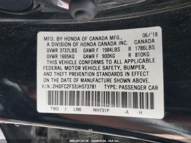 2HGFC2F53JH573781 Honda Civic Lx