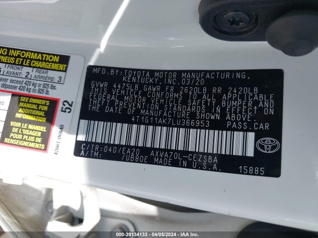 Toyota CAMRY SE 2020 4T1G11AK7LU366953 Image 9