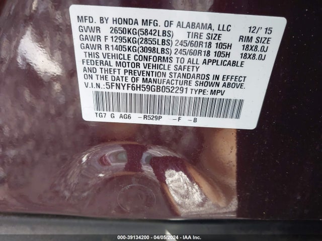 Honda Pilot Ex-l 2016 5FNYF6H59GB052291 Image 9