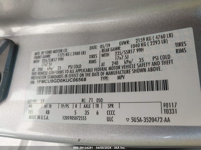 Ford ESCAPE SE 2019 1FMCU9GD0KUC06568 Image 9