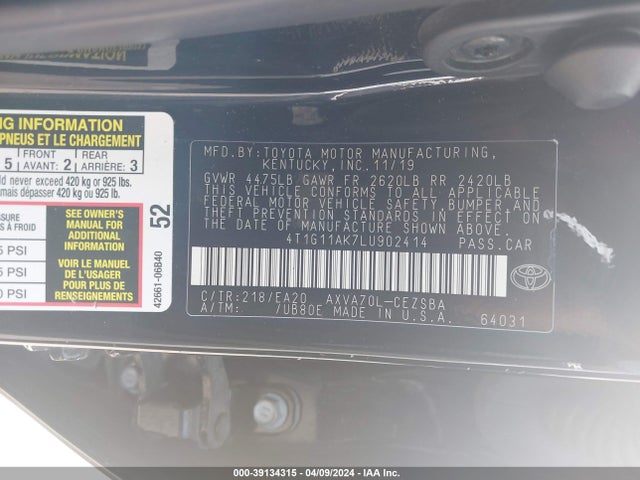 Toyota CAMRY SE 2020 4T1G11AK7LU902414 Image 9