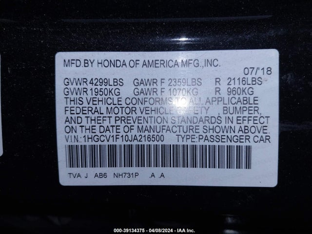 Honda ACCORD LX 2018 1HGCV1F10JA216500 Image 9