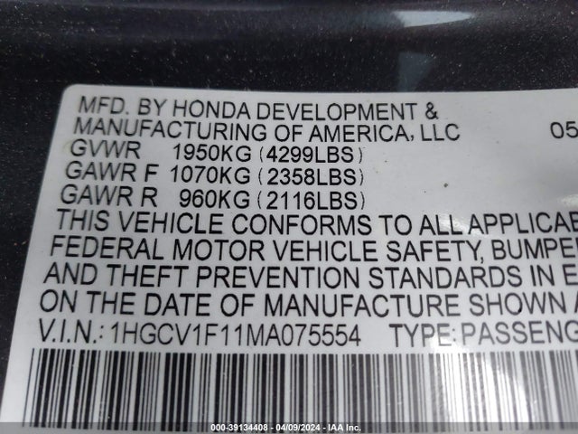 Honda ACCORD LX 2021 1HGCV1F11MA075554 Image 9