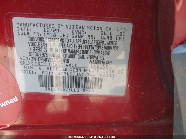 39134472 :رقم المزاد ، 3N1CP5DVXLL578418 vin ، 2020 Nissan Kicks Sr Xtronic Cvt مزاد بيع