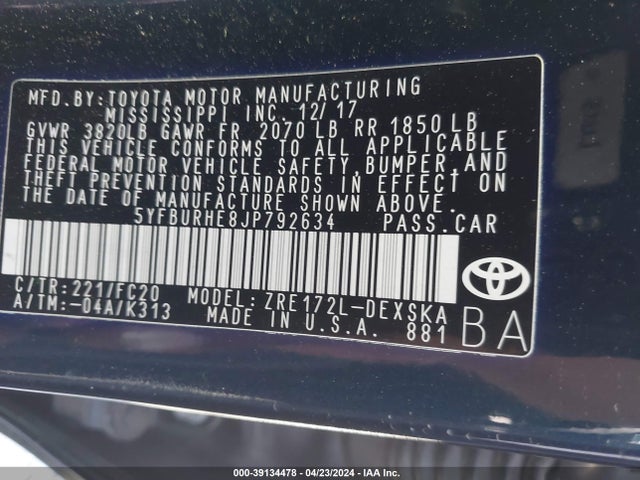 Toyota COROLLA SE 2018 5YFBURHE8JP792634 Image 9