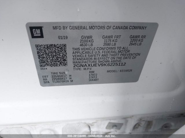 2GNAXUEV9K6225112 Chevrolet EQUINOX LT