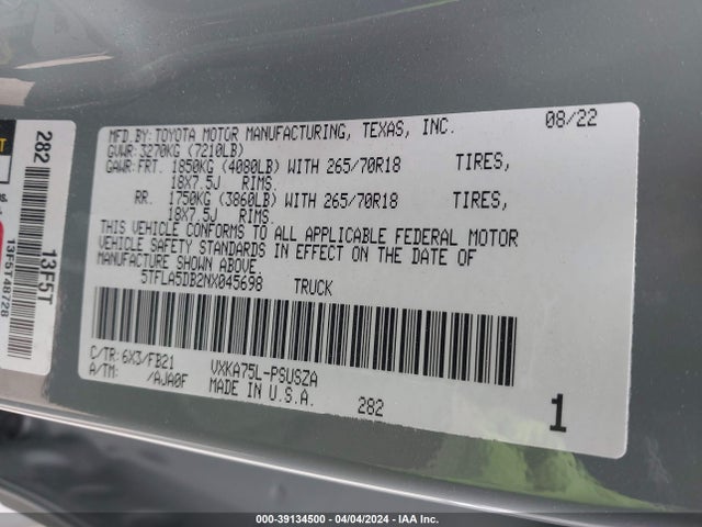 Toyota Tundra Sr5 2022 5TFLA5DB2NX045698 Image 9