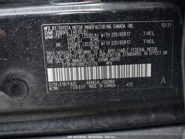2T3P1RFVXMC255129 Toyota Rav4 Xle
