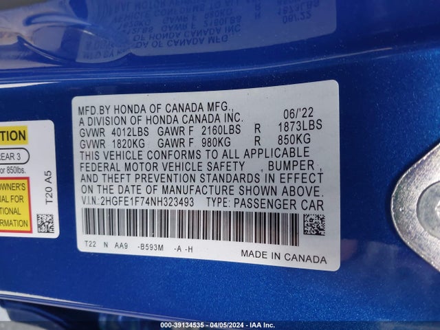 Honda CIVIC EX 2022 2HGFE1F74NH323493 Image 9
