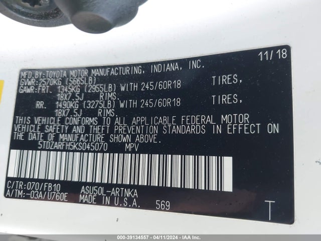 Toyota Highlander Le 2019 5TDZARFH5KS045070 Image 9
