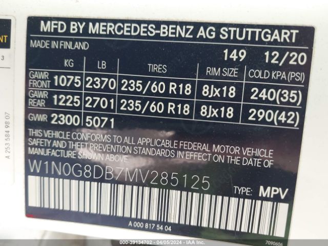 W1N0G8DB7MV285125 Mercedes-Benz Glc 300 Suv