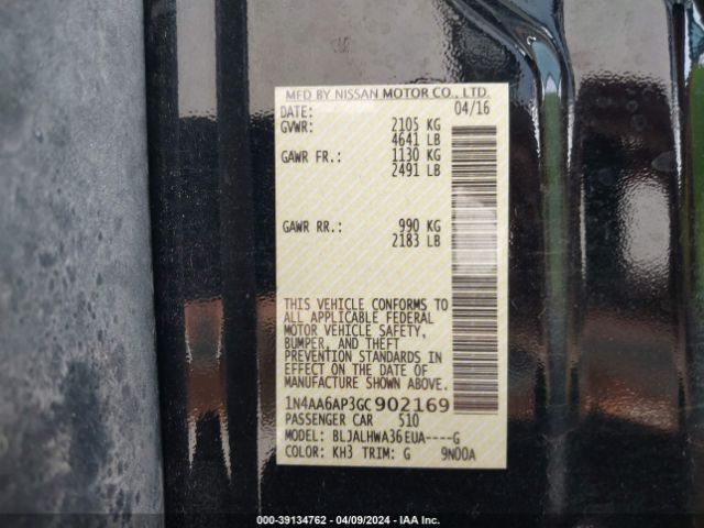1N4AA6AP3GC902169 Nissan Maxima 3.5 Platinum/3.5 S/3.5 Sl/3.5 Sr/3.5 Sv
