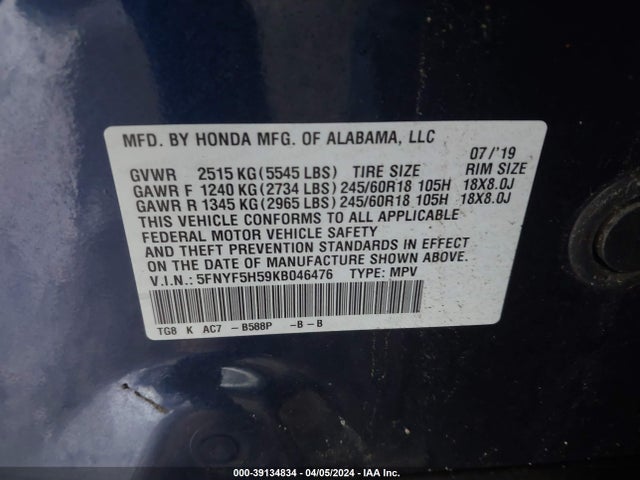 Honda Pilot Ex-l 2019 5FNYF5H59KB046476 Image 9