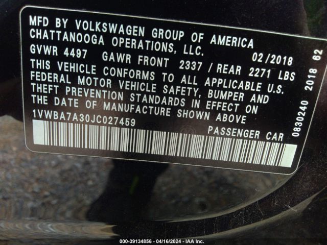 1VWBA7A30JC027459 Volkswagen Passat 2.0t Se