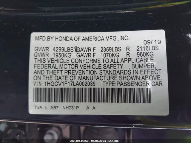 Honda ACCORD LX 2020 1HGCV1F17LA002039 Image 9