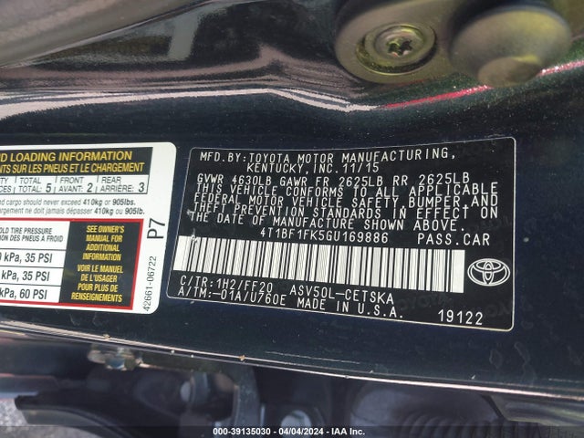 Toyota CAMRY SE 2016 4T1BF1FK5GU169886 Image 9
