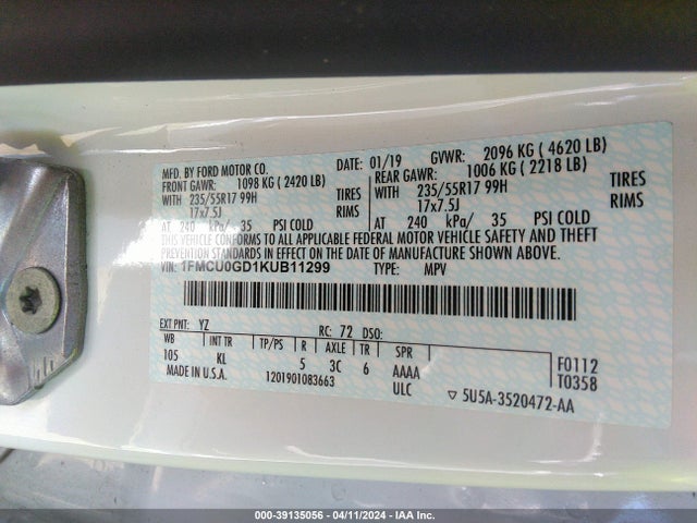 Ford ESCAPE SE 2019 1FMCU0GD1KUB11299 Image 9