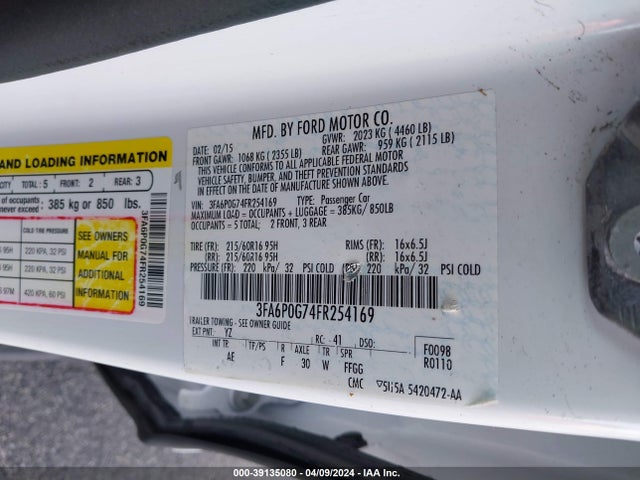 Ford FUSION S 2015 3FA6P0G74FR254169 Image 9
