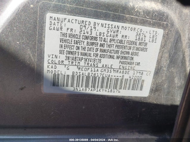Nissan SENTRA S 2019 3N1AB7AP1KY418176 Image 9