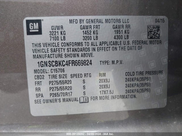 Chevrolet Tahoe Lt 2015 1GNSCBKC4FR669824 Image 9