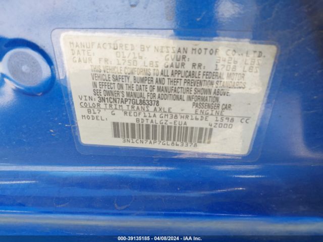 3N1CN7AP7GL863378 Nissan Versa 1.6 Sl