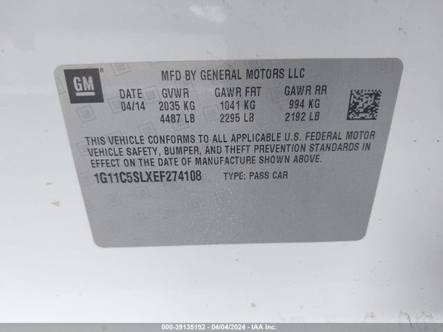 Chevrolet MALIBU 1LT 2014 1G11C5SLXEF274108 Image 9