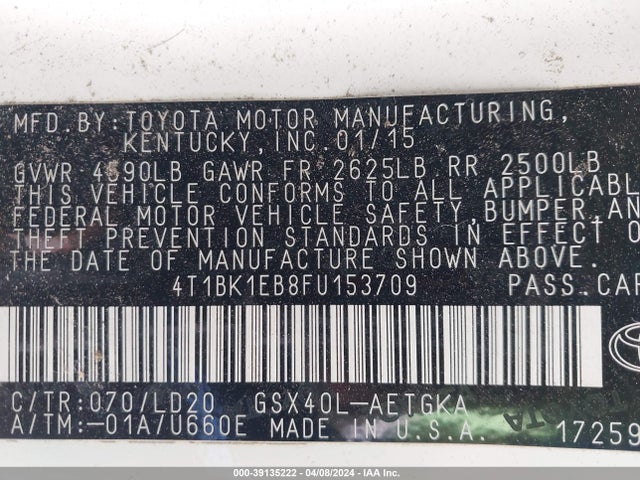 Toyota AVALON XLE 2015 4T1BK1EB8FU153709 Image 9