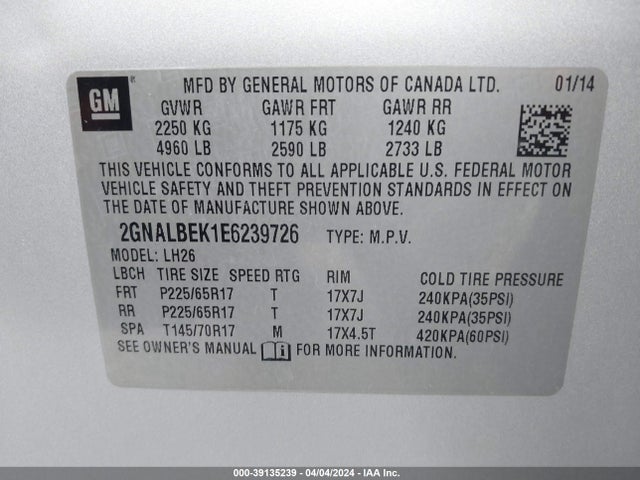 Chevrolet EQUINOX 1LT 2014 2GNALBEK1E6239726 Image 9