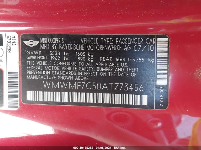 2010 MINI COOPER S WMWMF7C50ATZ73456 Photo 8