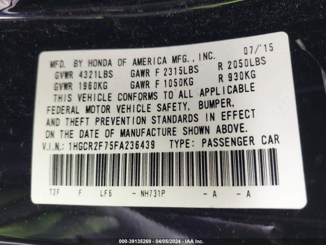 Honda ACCORD EX 2015 1HGCR2F75FA236439 Image 9