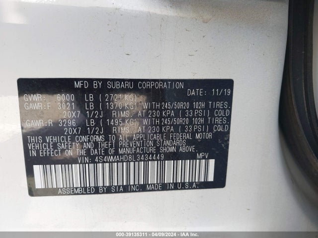 Subaru Ascent Premium 2020 4S4WMAHD8L3434449 Image 9