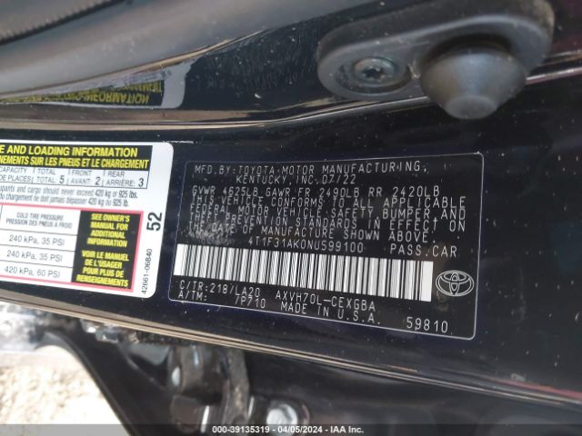 4T1F31AK0NU599100 Toyota Camry Xle Hybrid