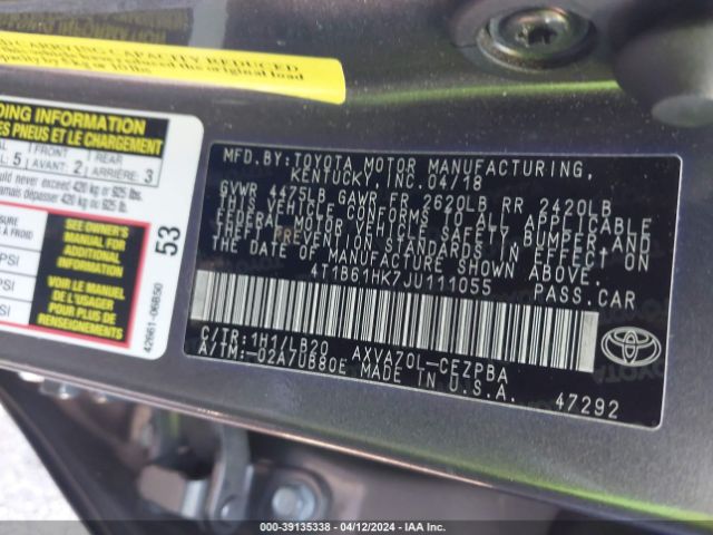 2018 TOYOTA CAMRY 4T1B61HK7JU111055 Photo 8