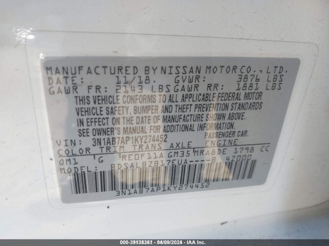 Nissan SENTRA S 2019 3N1AB7AP1KY274452 Image 9