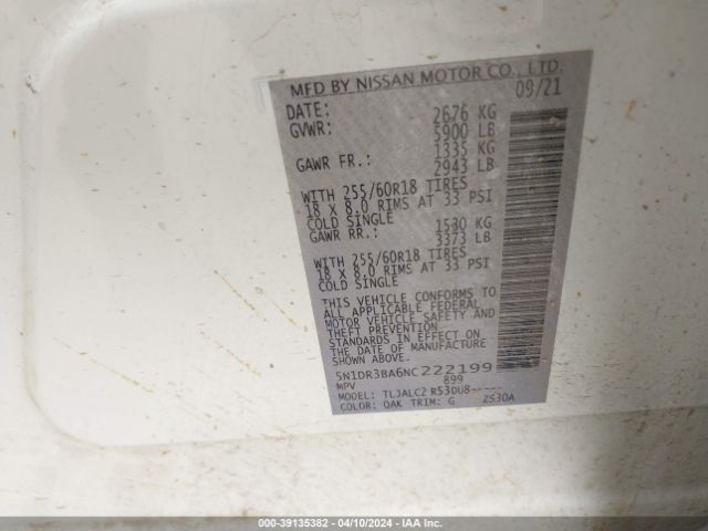 5N1DR3BA6NC222199 Nissan Pathfinder Sv 2wd