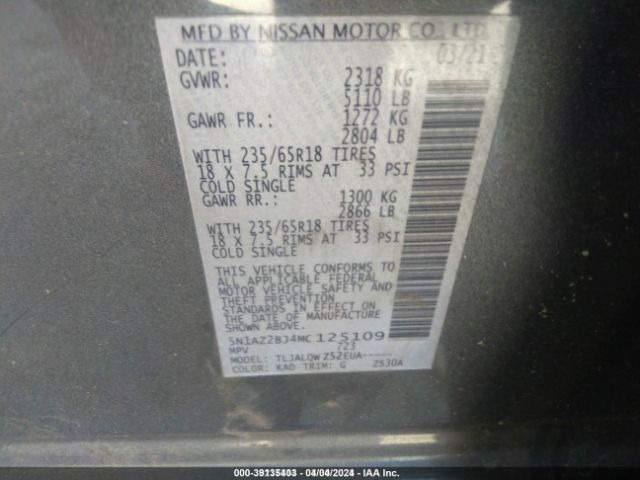 5N1AZ2BJ4MC125109 Nissan Murano Sv Fwd