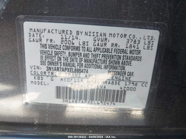 Nissan SENTRA S 2014 3N1AB7APXEL695474 Image 9