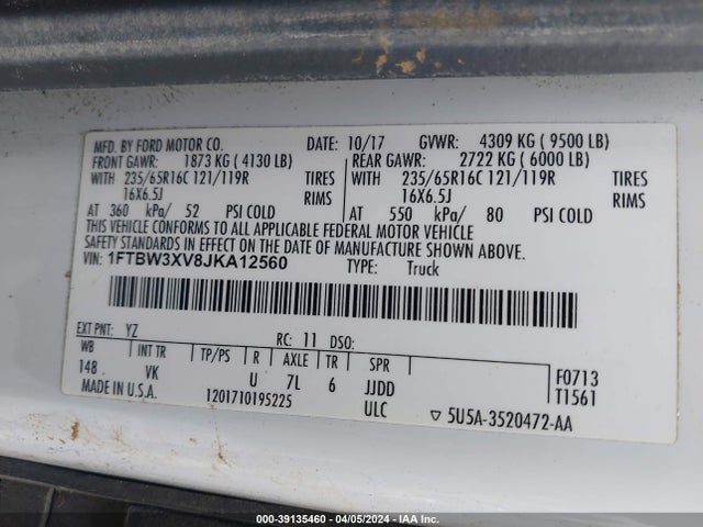 2018 Ford Transit-350 მანქანა იყიდება აუქციონზე, vin: 1FTBW3XV8JKA12560, აუქციონის ნომერი: 39135460
