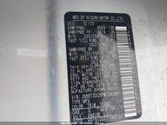 JN8BT3DC8PW104284 Nissan Rogue Platinum Fwd