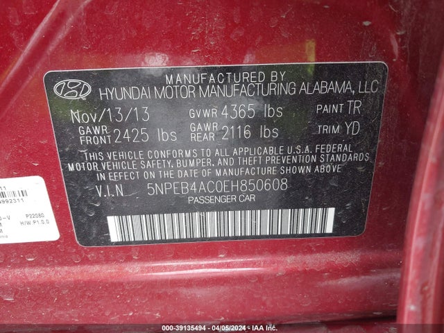 Hyundai SONATA GLS 2014 5NPEB4AC0EH850608 Image 9