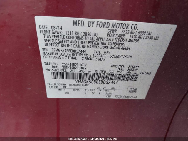 Ford FLEX SEL 2014 2FMGK5C88EBD37444 Image 9
