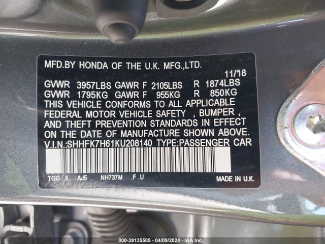 Honda CIVIC EX 2019 SHHFK7H61KU208140 Image 9