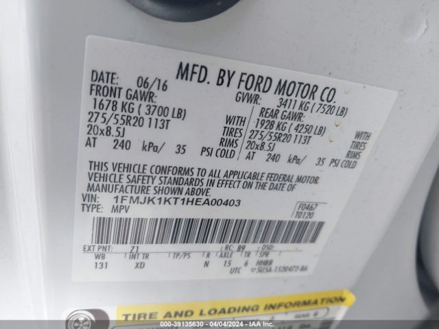 1FMJK1KT1HEA00403 Ford Expedition El Limited