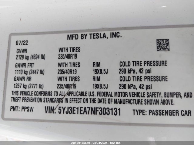 Tesla Model 3 Rear-wheel Drive 2022 5YJ3E1EA7NF303131 Image 9