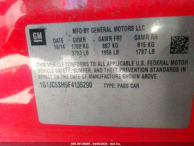 Chevrolet Sonic Lt Auto 2015 1G1JC5SH9F4135290 Image 9