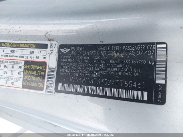 2007 MINI COOPER WMWMF33527TT55461 Photo 8