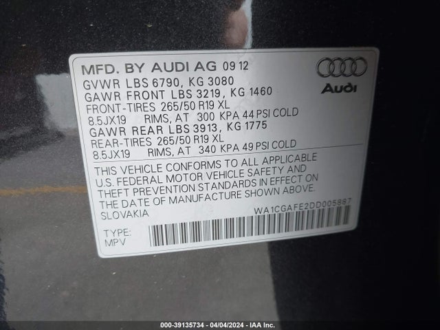 Aukcja sprzedaży 2013 Audi Q7 3.0t Premium, vin: WA1CGAFE2DD005887, numer aukcji: 39135734