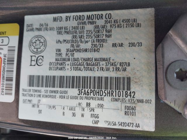 3FA6P0HD5HR101842 Ford FUSION SE