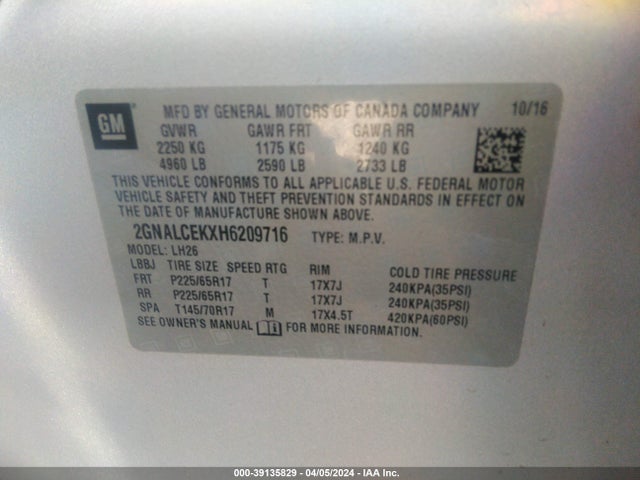 Chevrolet EQUINOX LT 2017 2GNALCEKXH6209716 Image 9